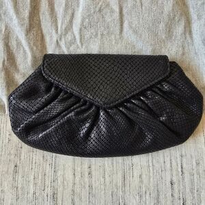 Vintage Lauren Merkin Reptile Textured Black Leather Clutch